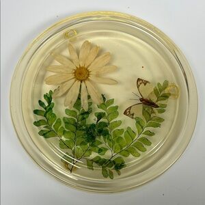 Vintage 1970’s lucite/resin footed  trivet with encased dairy /fern & butterfly